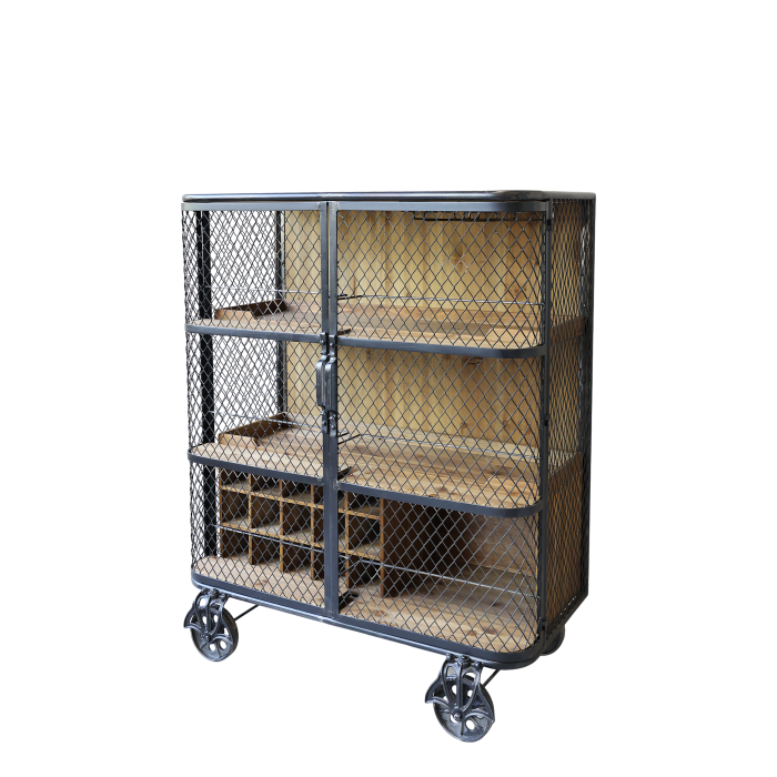 Barschrank auf Rädern aus Tannenholz und Eisen in Antik kohle mit Weinregal und Gittertüren.