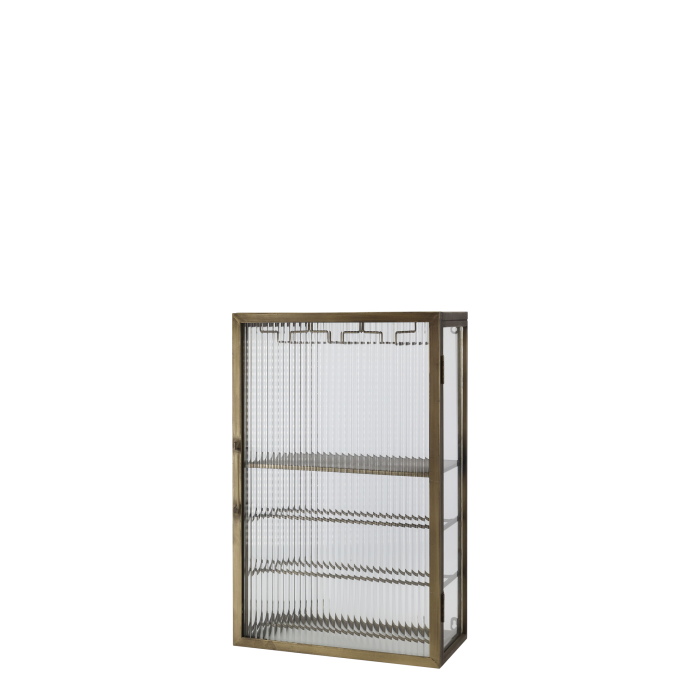 Barschrank mit Gläserhalter und Weinregal, antik messing, 64 cm Wandmontierter Barschrank aus Glas und Eisen in Antikmessing mit geriffelter Glastür und Gläserhalter.