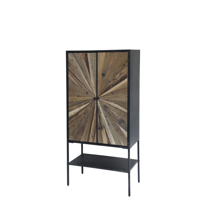Schrank, Kommode aus recyceltem Tannenholz mit 2 Türen und Ablage, natur, 141 cm Naturfarbener Schrank mit zwei Türen und Ablage aus recyceltem Tannenholz und Eisen.
