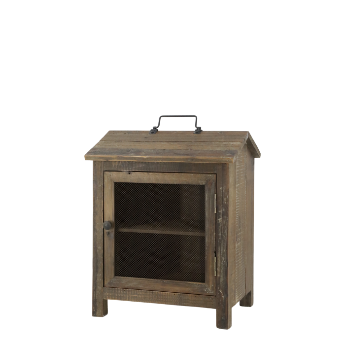 Fliegenschrank aus Recyclingholz, natur, 42 cm Fliegenschrank aus Recyclingholz mit Gittertür, Ablagen und Griff aus Eisen.