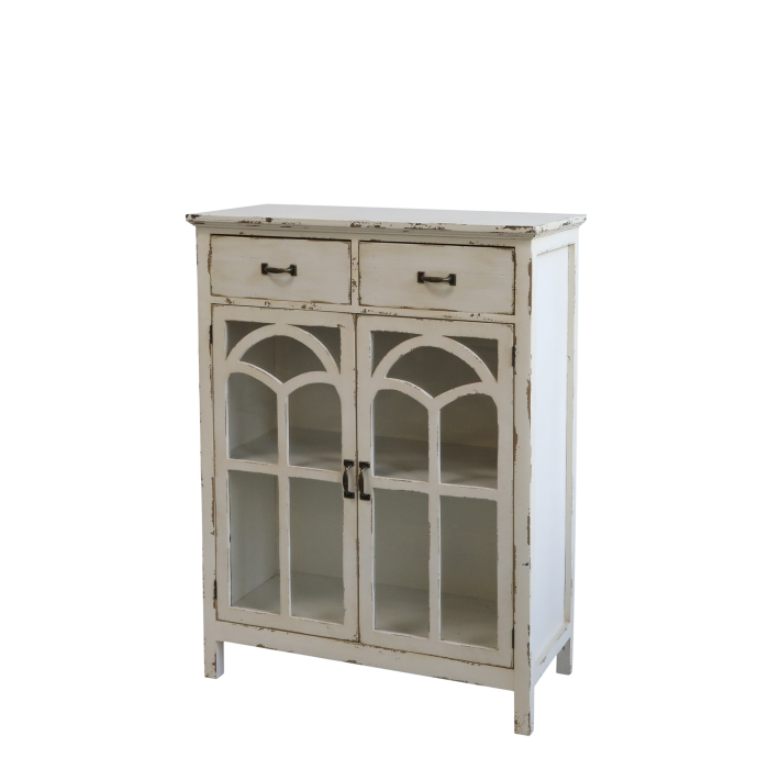 Antique-cremefarbene Kommode mit gebogenen Glastüren und 2 Schubladen, H92/L70/B32 cm.