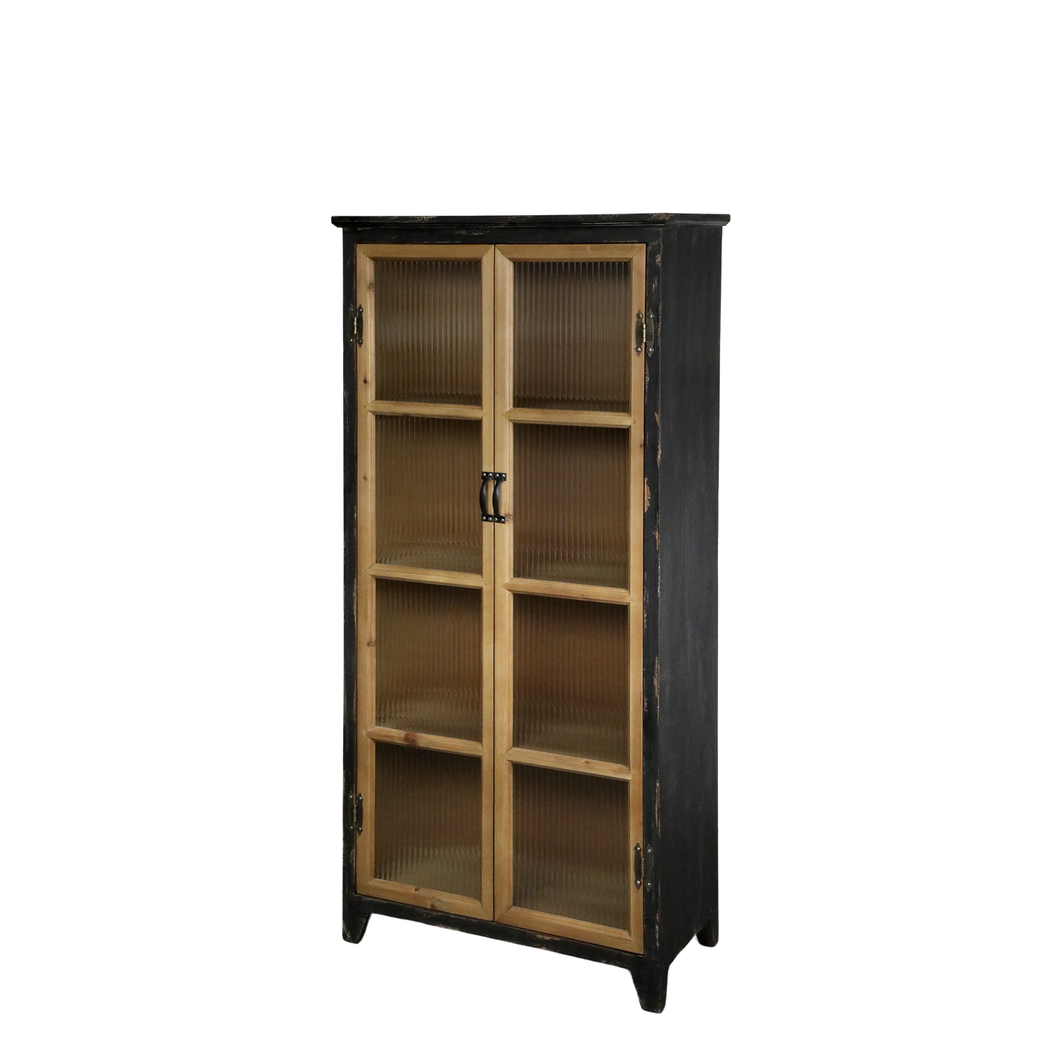 Vitrinenschrank schwarz und natur mit gerillten Glastüren Vitrinenschrank in Schwarz und Natur mit 4 Einlegeböden und gerillten Glastüren, H150.5/L70/B35,5 cm.