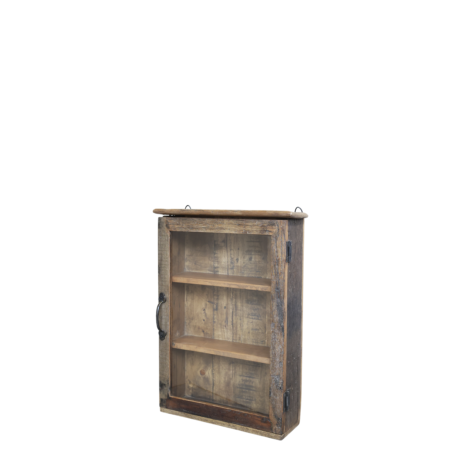 Grimaud Hängeschrank, Vitrine aus Recyclingholz und Glas, Natur Grimaud Hängeschrank aus Recyclingholz, Glas und Eisen in Natur, H60/L40/B13 cm.