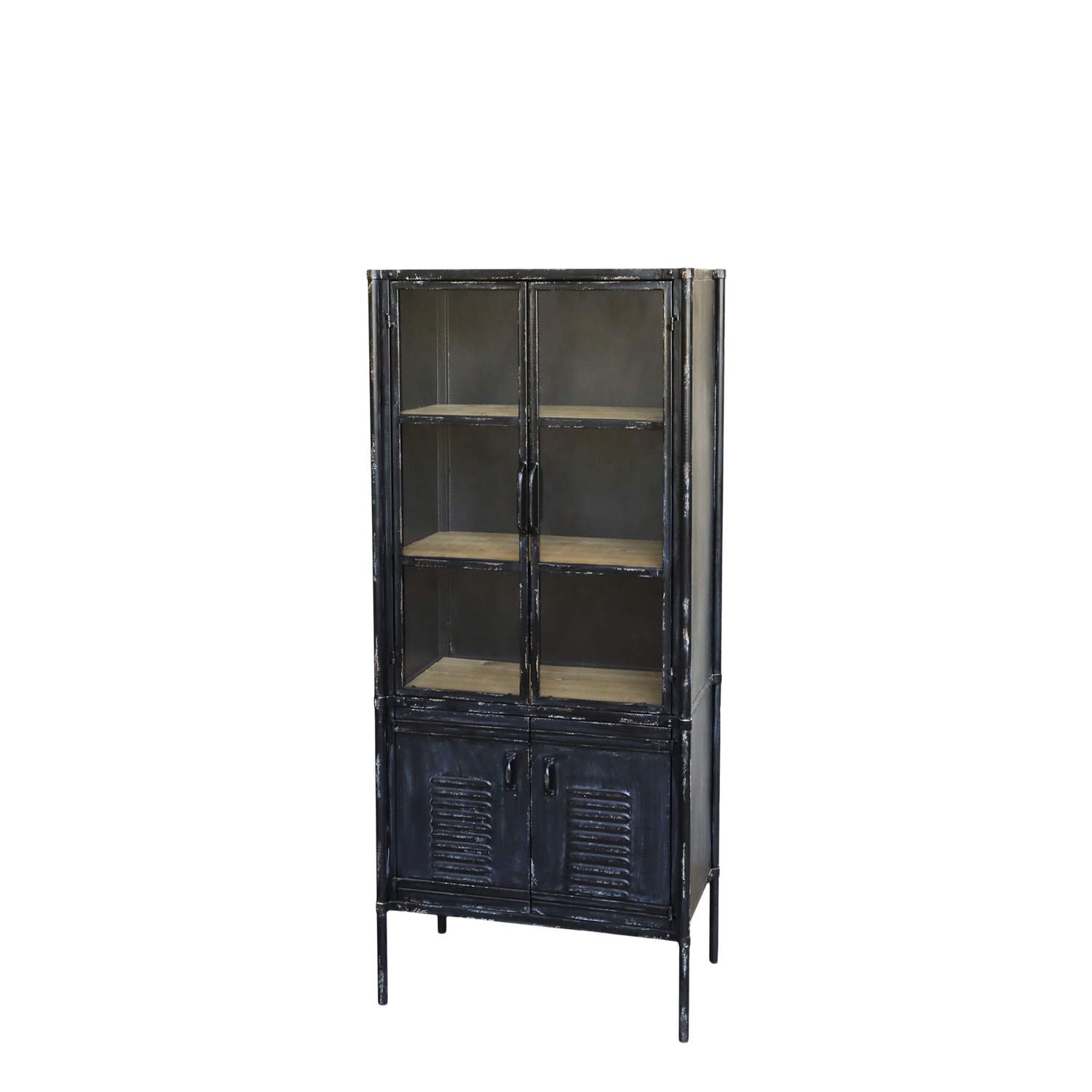 Vitrinenschrank antique schwarz mit Glastüren, 140 cm Vitrinenschrank aus Eisen, Sperrholz und Glas mit Glastüren, H140/L60/B38,5 cm.