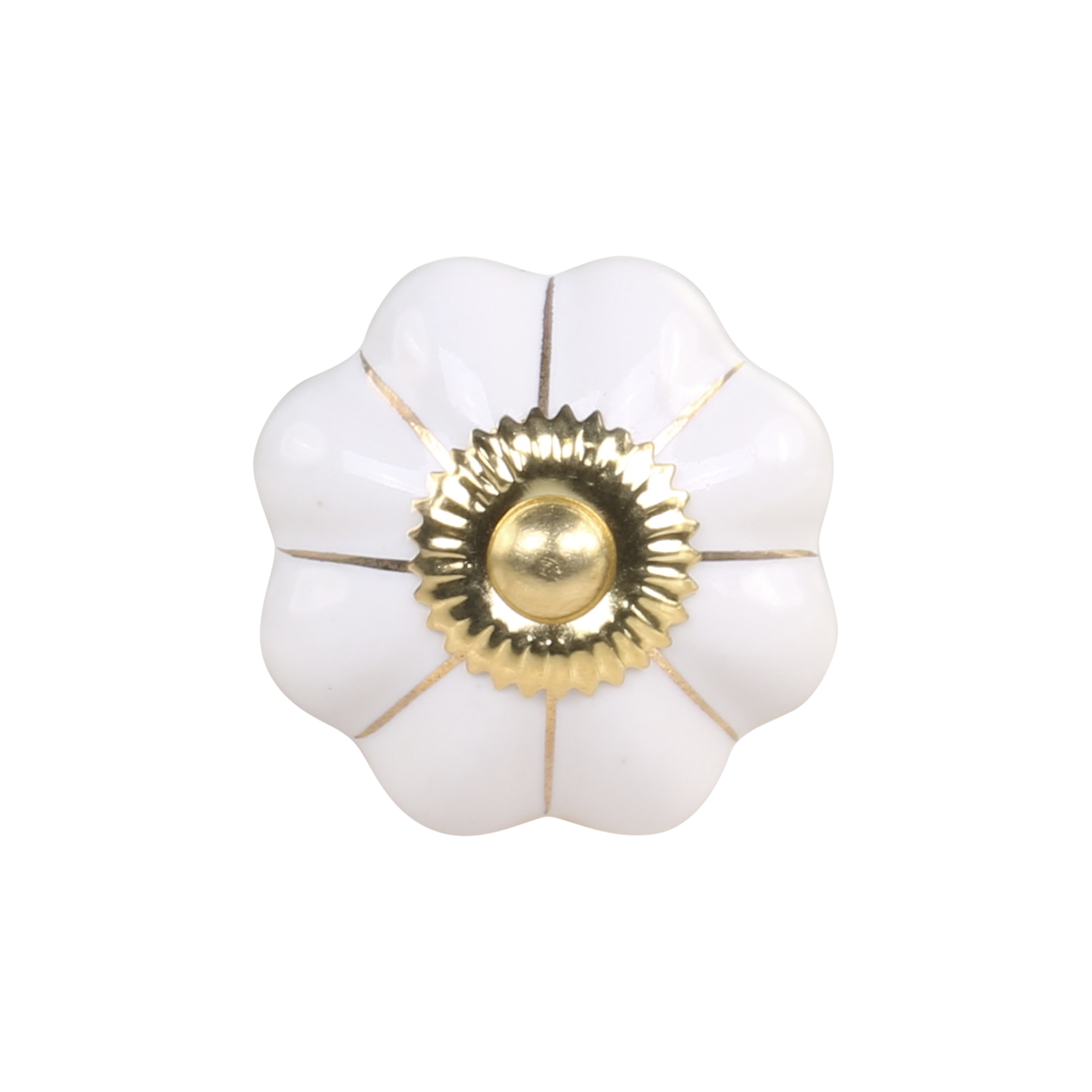 Weisser Möbelgriff aus Porzellan in Blumenform mit Details aus Eisen, Durchmesser 4 cm