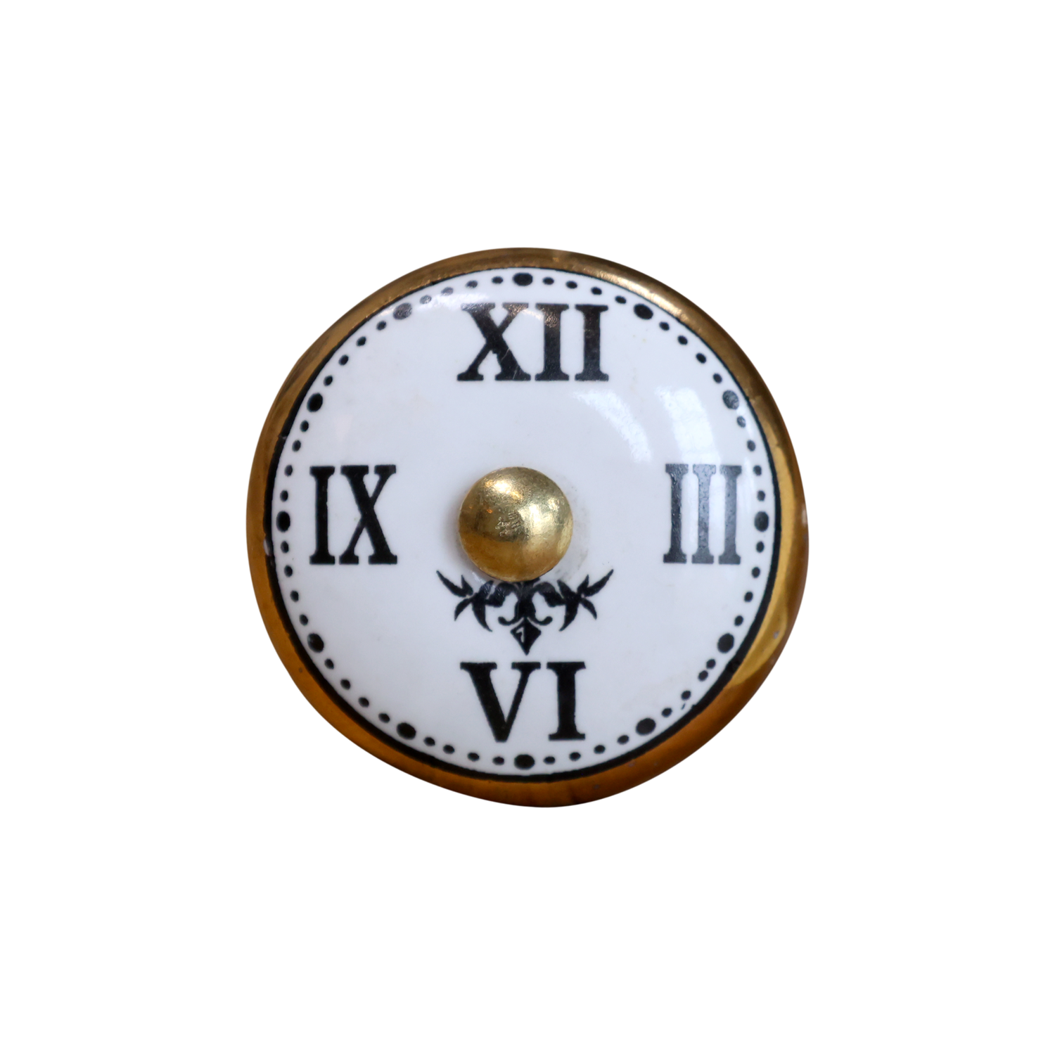 Möbelgriff mit Uhrmotiv, creme und gold, D4 cm Cremefarbener Möbelgriff aus Porzellan mit Uhrmotiv und goldfarbenen Details, Durchmesser 4 cm.