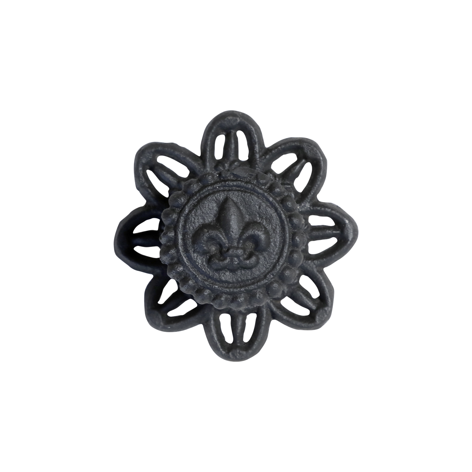 Möbelgriff mit französischer Lilie, antique schwarz, D8 cm Möbelgriff aus Eisen mit französischer Lilie, antique schwarz, D8 cm.