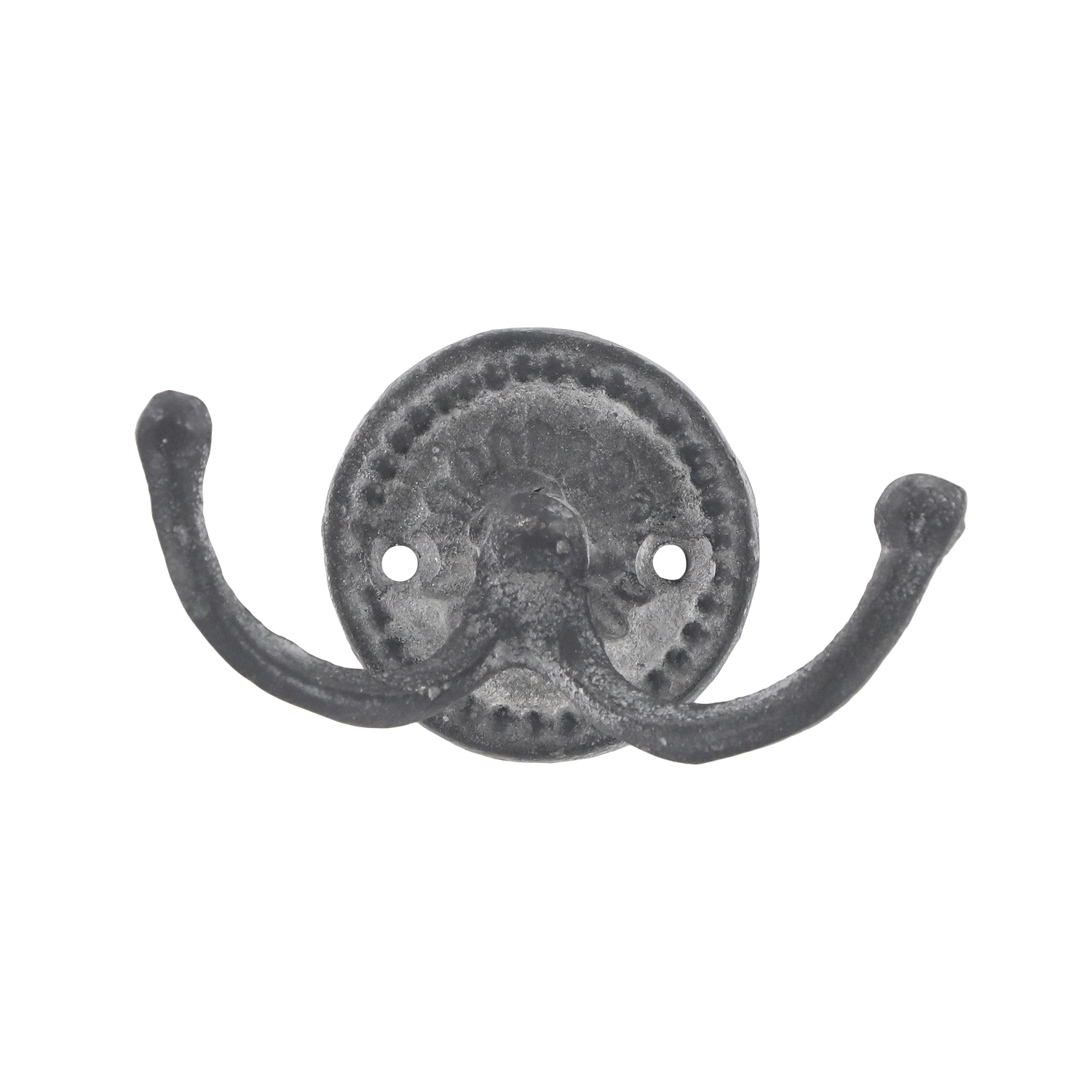 Doppelhaken aus Eisen, antique grau, H6/L6/B6,5 cm Doppelhaken aus Eisen in antique Grau mit dekorativer Wandplatte, H6/L6/B6,5 cm.