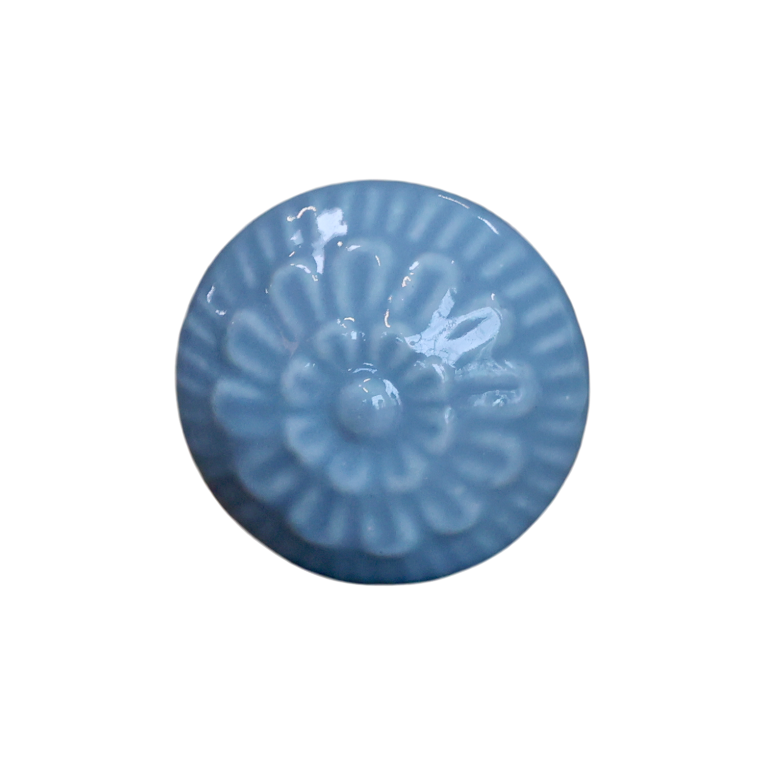Porzellangriff hellblau aus Eisen und Porzellan, L 7 cm Hellblauer Porzellan- und Eisengriff mit floralem Relief, L 7/D 3,5 cm