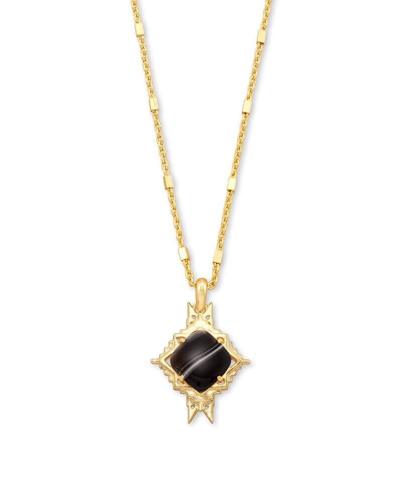 Kendra Scott Cass Gold Long Pendant Necklace in Black Banded Agate