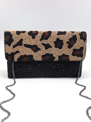 La Chic Leopard Flap Beaded Bag