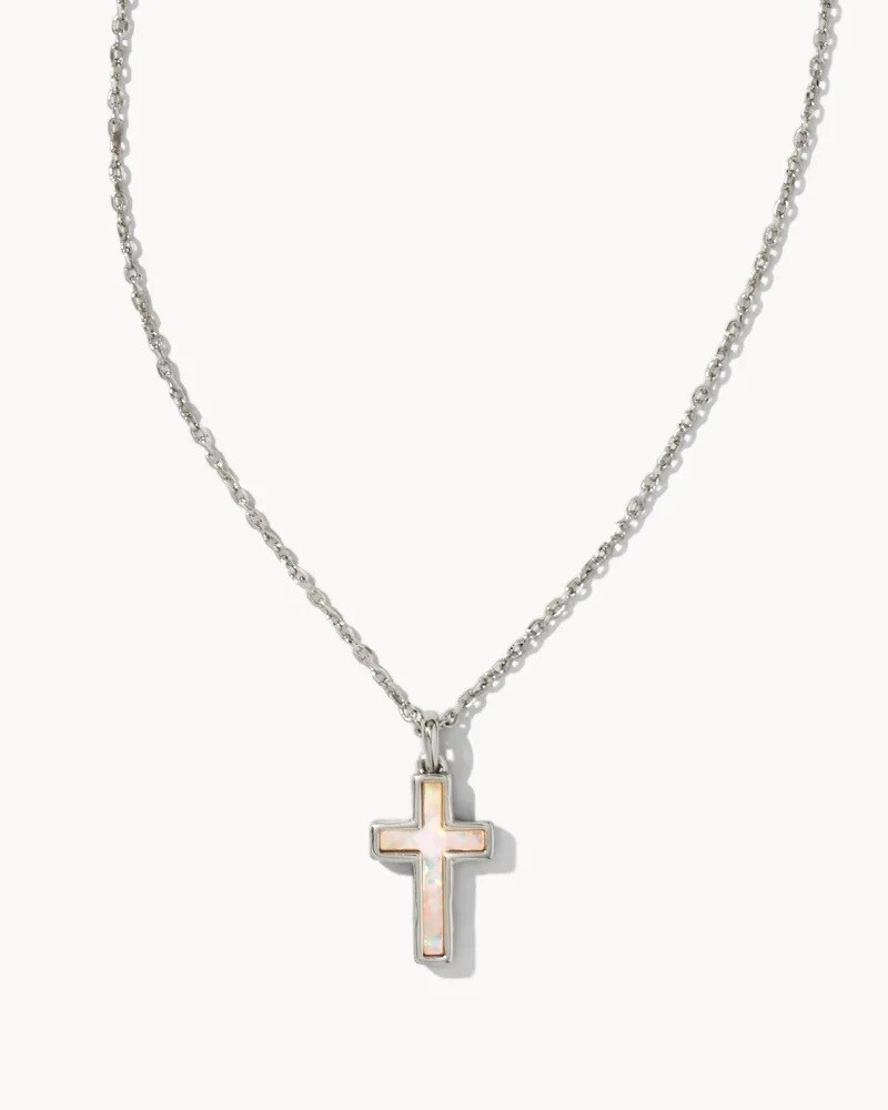 Kendra Scott Cross Pendant Necklace in Silver/White Kyocera Opal