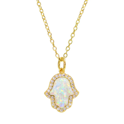 Kamaria White Opal Hamsa Hand Necklace (Gold)