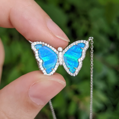 Kamaria Blue-Green Opal Butterfly Necklace with Stripes (Silver)