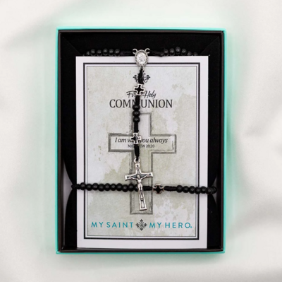 MSMH First Holy Communion Rosary & Bracelet Set (Black)