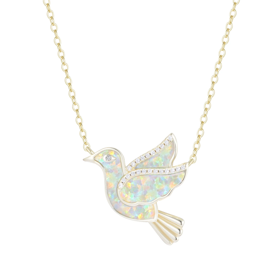 Kamaria White Opal Dove Bird Necklace (Gold)
