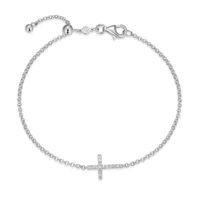 Cross Bolo Bracelet with Lab-Created Diamonds, Silver