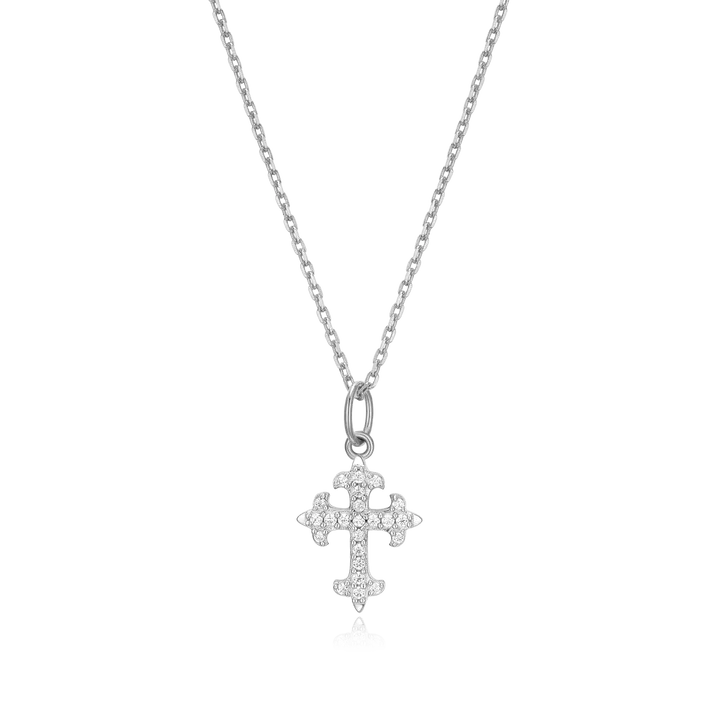 Flory Cross Necklace with Lab-Created Diamonds, Silver