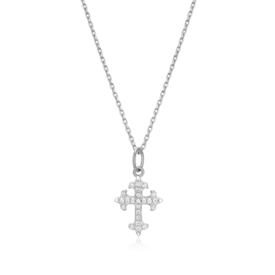 Flory Cross Necklace with Lab-Created Diamonds, Silver