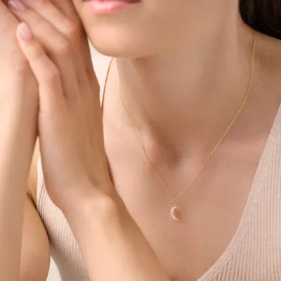 Crescent Moon Necklace with Lab-Created Diamonds, Silver