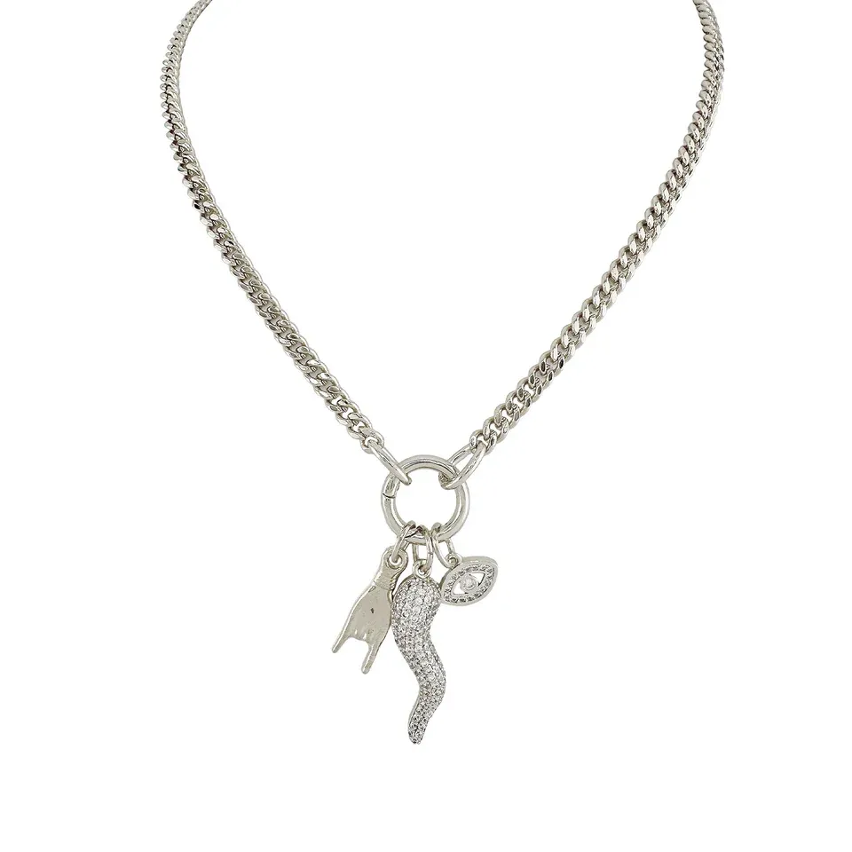 Mariano Crystal Italian Horn Protection Necklace, Silver