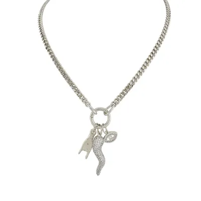Mariano Crystal Italian Horn Protection Necklace, Silver