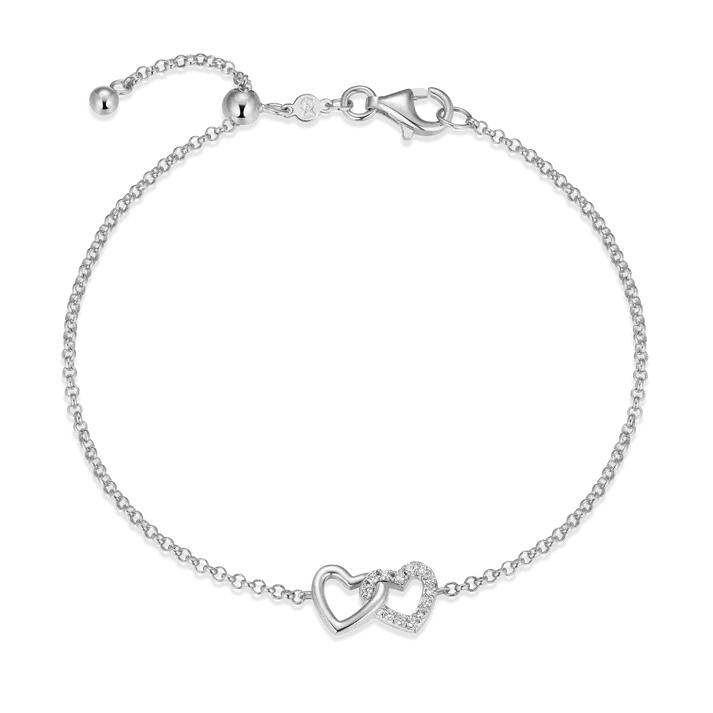 Open Twin Heart Bolo Bracelet with Lab-Created Diamonds, Silver