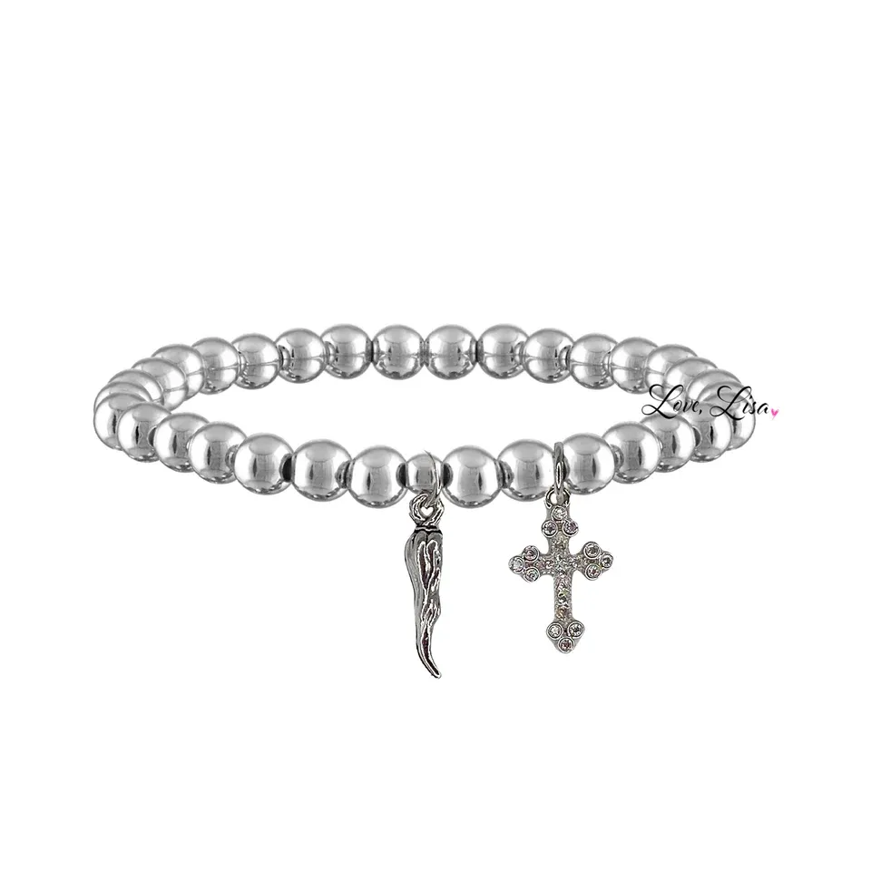 Lucia Italian Horn and Cross Bracelet, Silver