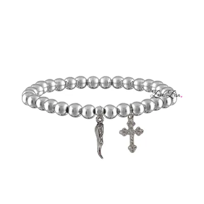 Lucia Italian Horn and Cross Bracelet, Silver