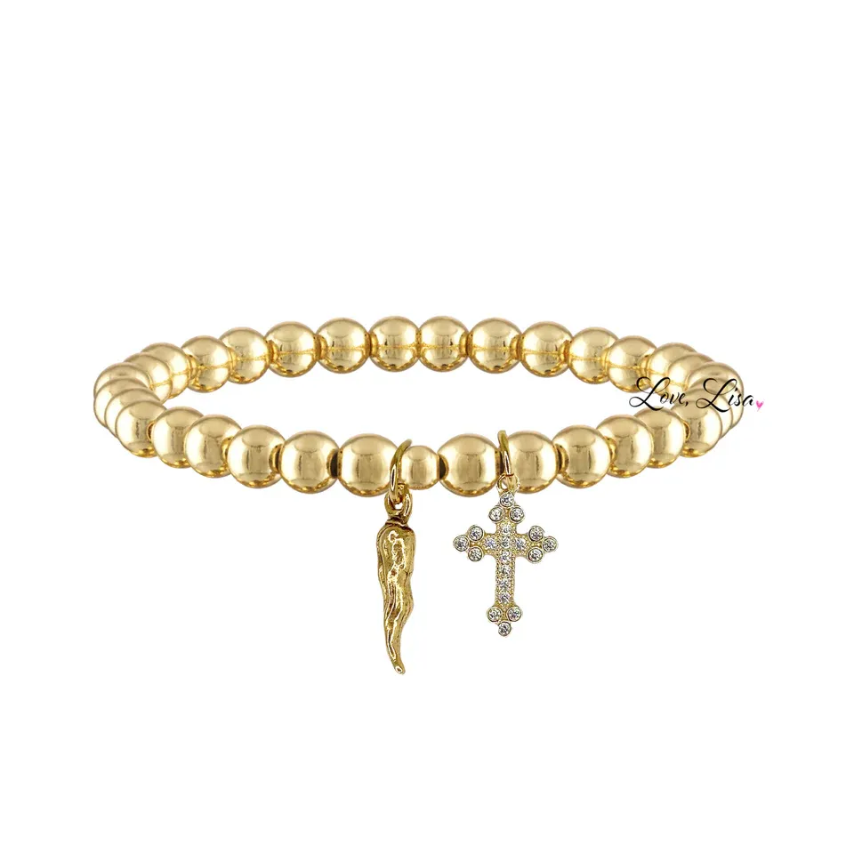 Lucia Italian Horn and Cross Bracelet, Gold