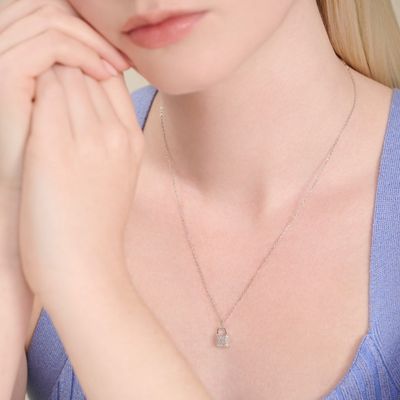 Lock Necklace with Lab-Created Diamonds, Silver