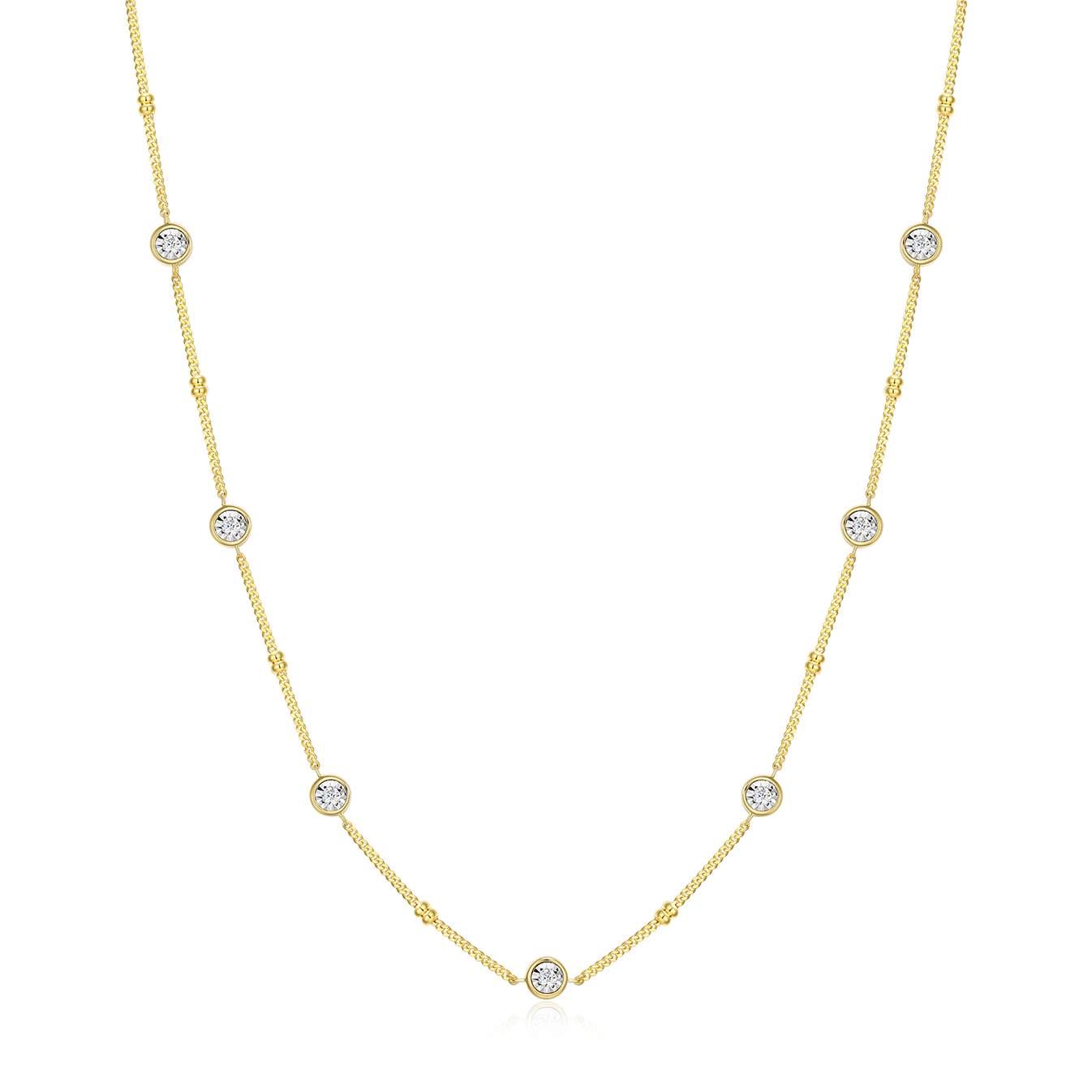 Bezel Station Beaded Necklace with Lab-Created Diamonds, Gold