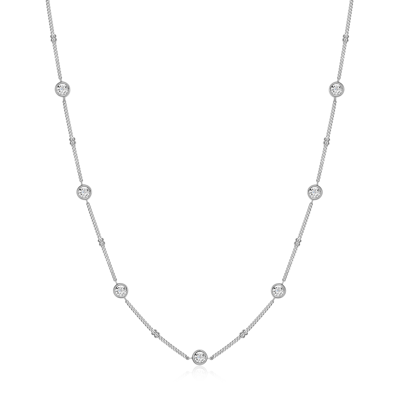Bezel Station Beaded Necklace with Lab-Created Diamonds, Silver