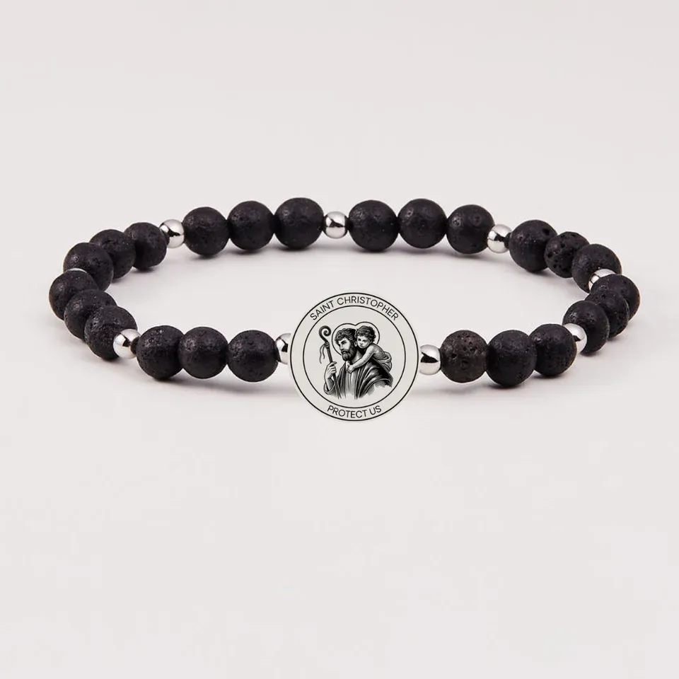 Holy Water Men&#39;s Saint Christopher Bracelet in Lava Rock