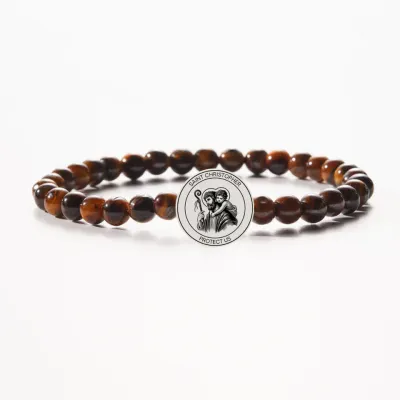 Holy Water Men&#39;s Saint Christopher Bracelet in Tiger&#39;s Eye