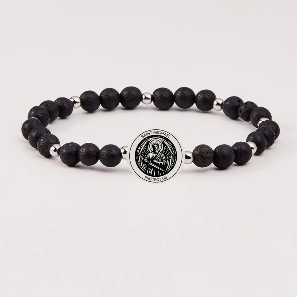 Holy Water Men&#39;s Saint Michael Bracelet in Lava Rock