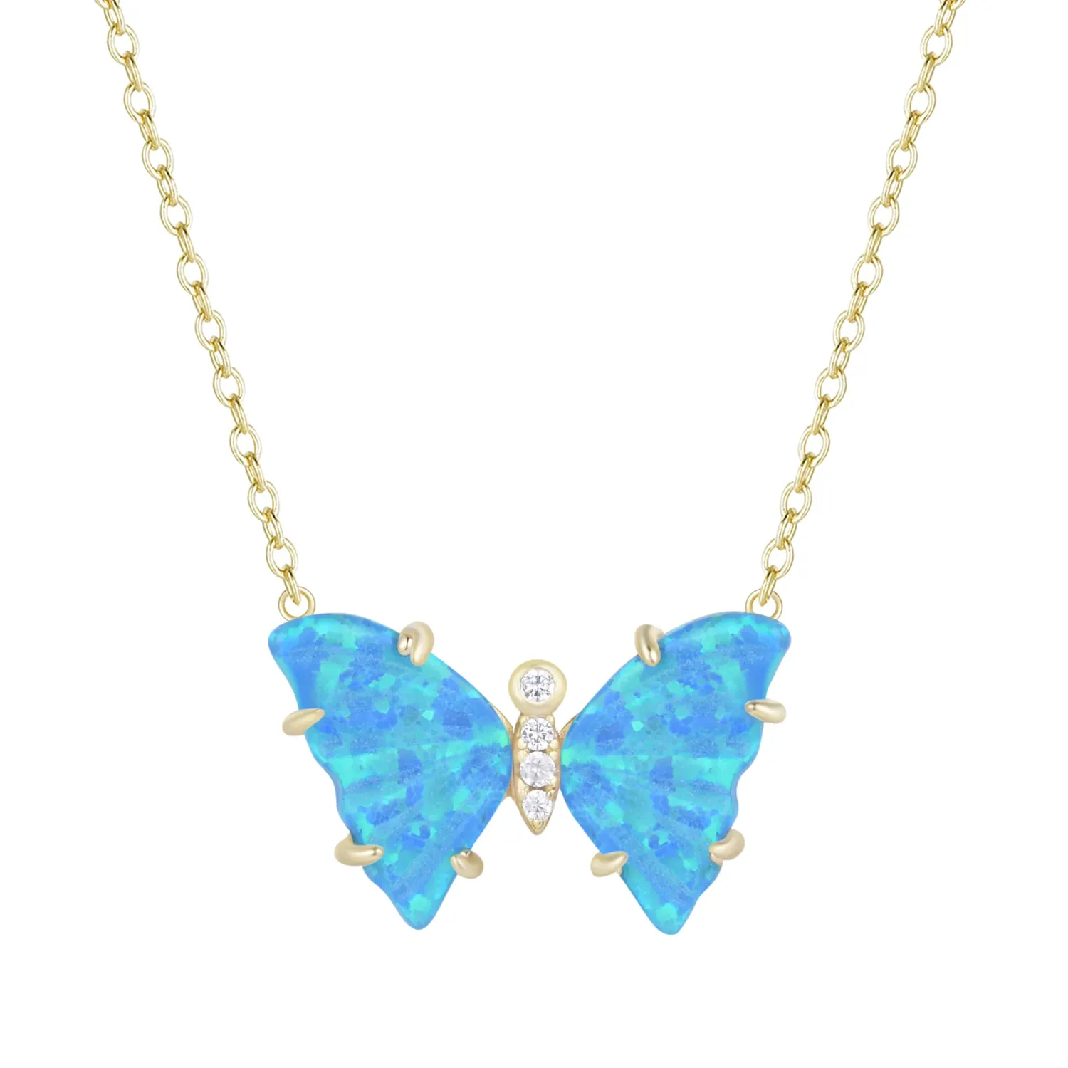 Kamaria Blue-Green Opal Butterfly Necklace with Prongs (Gold)