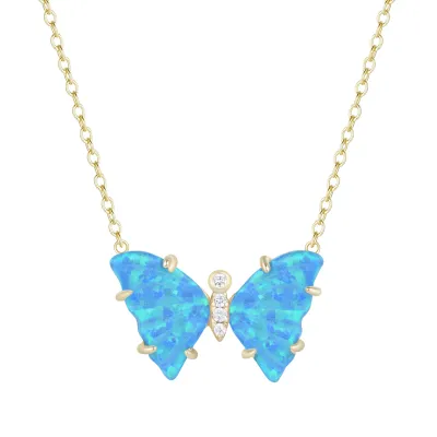 Kamaria Blue-Green Opal Butterfly Necklace with Prongs (Gold)