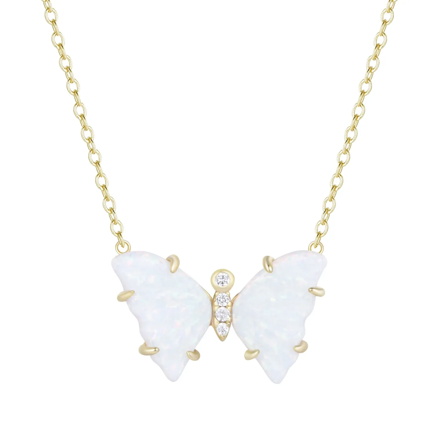 Kamaria White Opal Butterfly Necklace with Prongs (Gold)