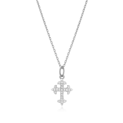 Flory Cross Necklace with Lab-Created Diamonds, Silver