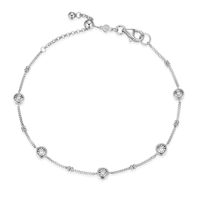 Bezel Station Beaded Bolo Bracelet with Lab-Created Diamonds, Silver