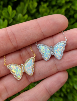 Kamaria White Opal Butterfly Necklace (Silver)