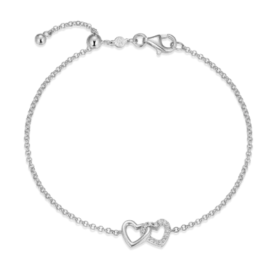 Open Twin Heart Bolo Bracelet with Lab-Created Diamonds, Silver