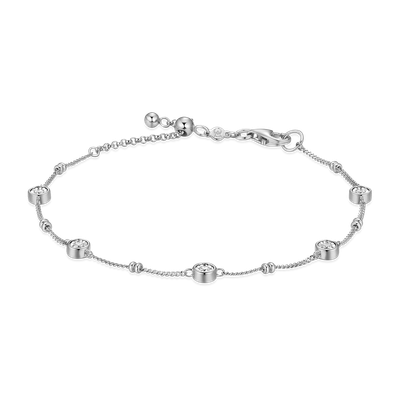 Bezel Station Beaded Bracelet with Lab-Created Diamonds, Silver