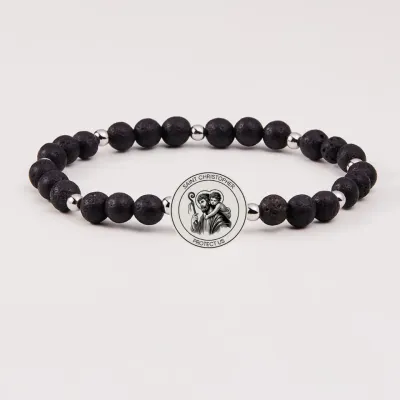 Holy Water Men's Saint Christopher Bracelet in Lava Rock