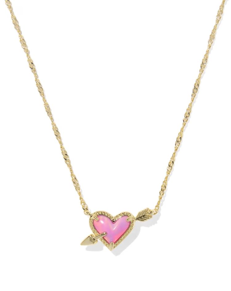Kendra Scott Ari Heart Arrow Necklace, Gold/Pink Opalescent Resin