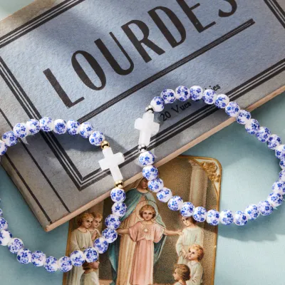 Petite Holy Water Porcelain Cross Bracelet, Gold