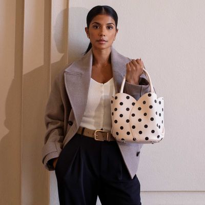 Tulip Top Handle Bag, Cream Polka Dot