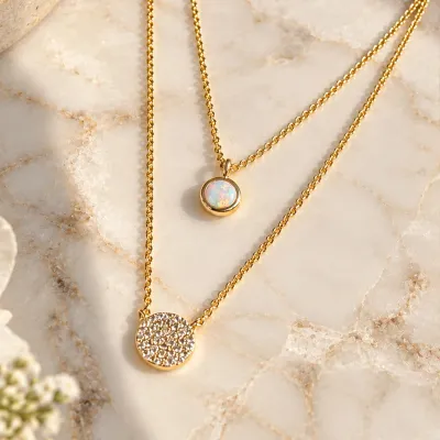 Kamaria Bezel Opal and Pave Disc Double Layering Necklace