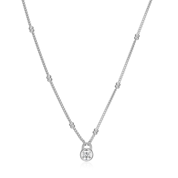 Lock Pendant Beaded Curb Chain Necklace with Lab-Grown Diamonds, Silver